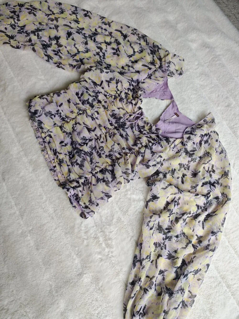 Free People Floral Ruched Blouse Top Puff Sleeve Tie Front Cottagecore Boho M - Picture 7 of 16